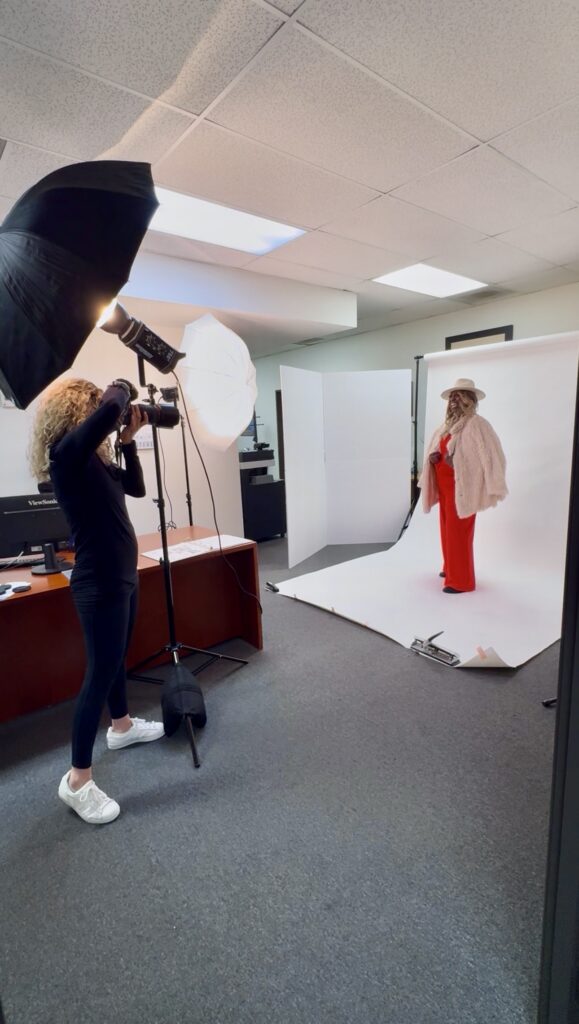 Behind-the-scenes images of Denise Carter’s brand photoshoot with studio lighting and white backdrop setup in an office space.
